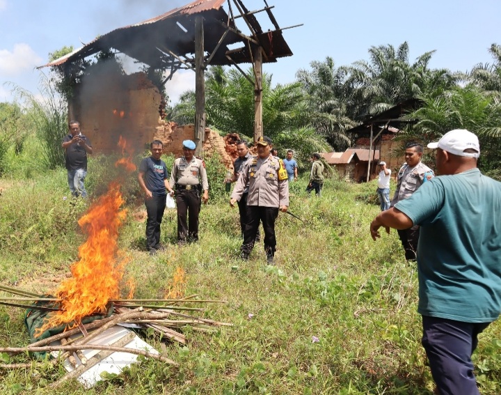 Kapolres Padangsidimpuan, AKBP Dudung Setyawan, dan jajaran membongkar serta membakar lokasi yang diduga sebagai tempat memakai narkoba