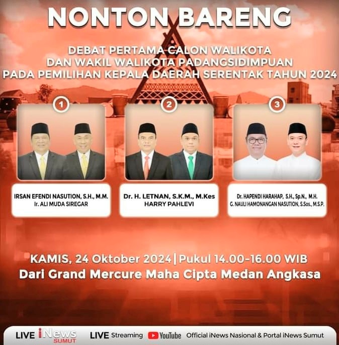 KPU Kota Padangsidimpuan mengajak seluruh masyarakat untuk Nobar debat perdana Paslon Wali Kota dan Wakil Wali Kota Padangsidimpuan pada Pilkada 2024