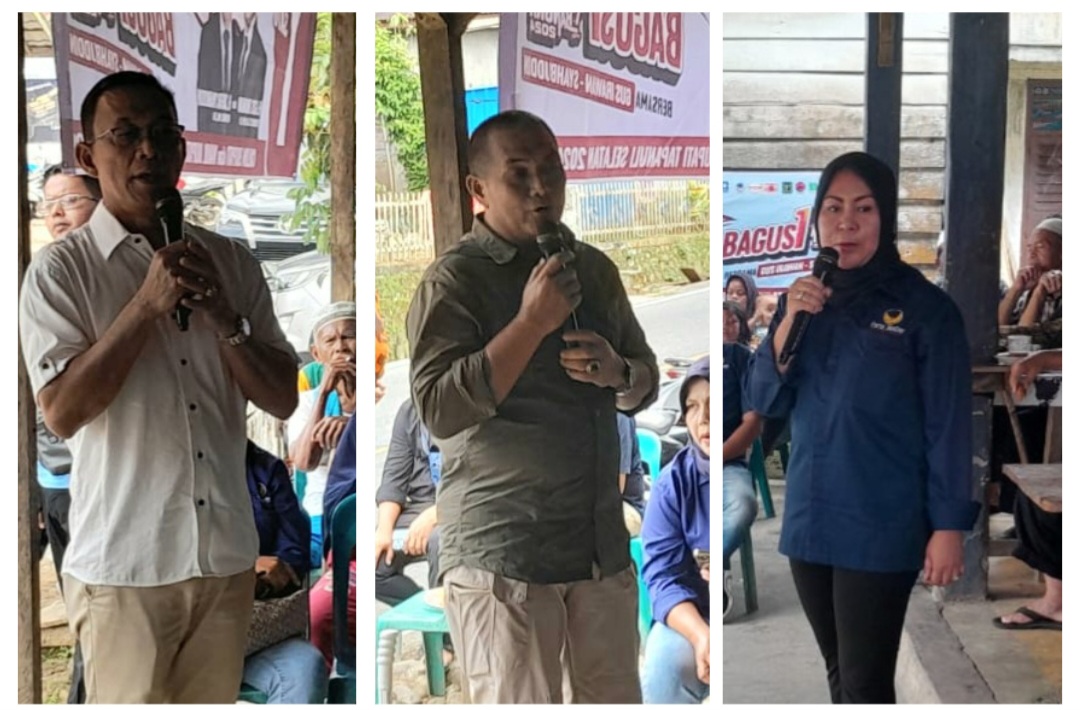 (Dari kiri ke kanan) calon Bupati Tapsel No.1, Gus Irawan Pasaribu, anggota DPRD Tapsel Fraksi Hanura, Haris Yani Tambunan, dan Ketua Fraksi Nasdem DPRD Tapsel, Ledy Namarina Siregar, memberikan sambutan kepada warga Kelurahan Sitinjak, Kecamatan Angkola Barat, di sela acara Mangopi