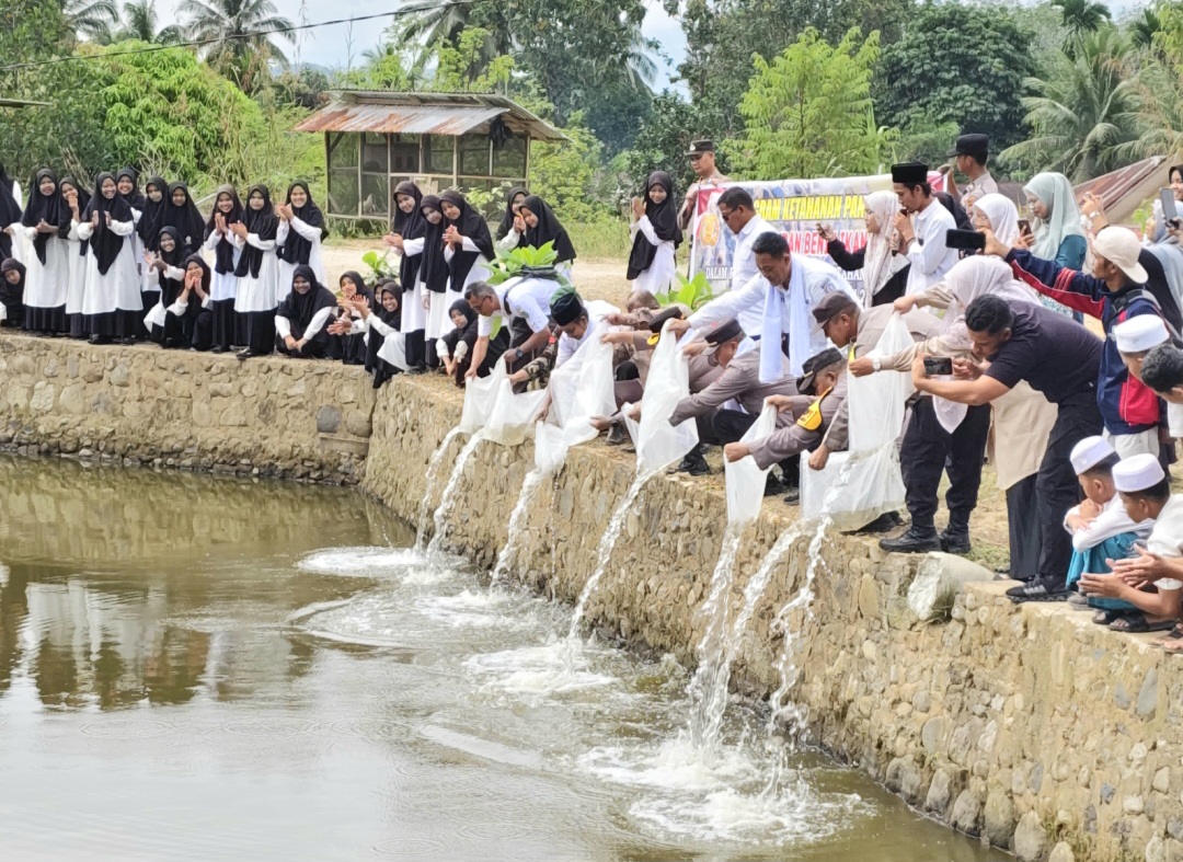 Polres Padangsidimpuan bersama pemerintah daerah dan stakeholder lainnya menabur ribuan benih ikan nila serta tawes di Kolam milik Pondok Pesantren Hajijah Amalia Sari di Desa Siparau, Kecamatan Batunadua