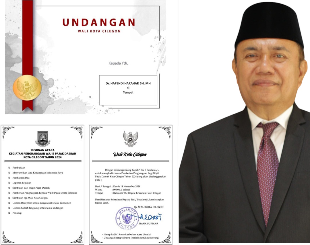 Surat undangan yang diterima calon Wali Kota Padangsidimpuan No.03, Dr Hapendi Harahap, dari Pjs Wali Kota Cilegon, Nana Supiana, dalam rangka penyerahan penghargaan sebagai penyetor BPHTB terbesar tahun 2023