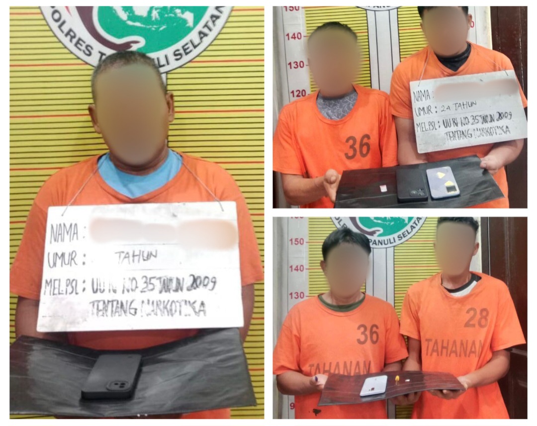 FS, HMS, AS, Z, dan SPT, saat menunjukkan barang bukti usai ditangkap Tim Opsnal Sat Resnarkoba Polres Tapsel