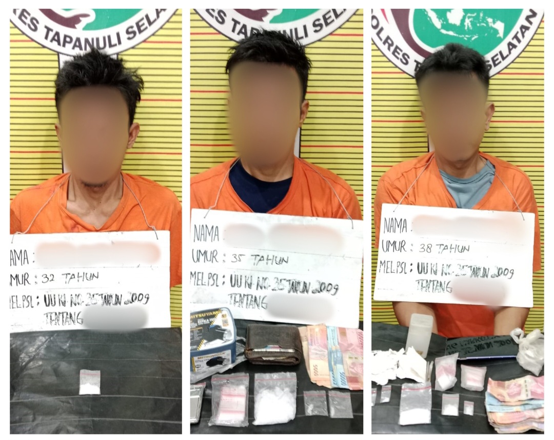 PSS, ABH, dan ANR, yang merupakan jaringan peredaran narkotika jenis sabu di Kabupaten Paluta usai ditangkap Tim Opsnal Sat Resnarkoba Polres Tapsel