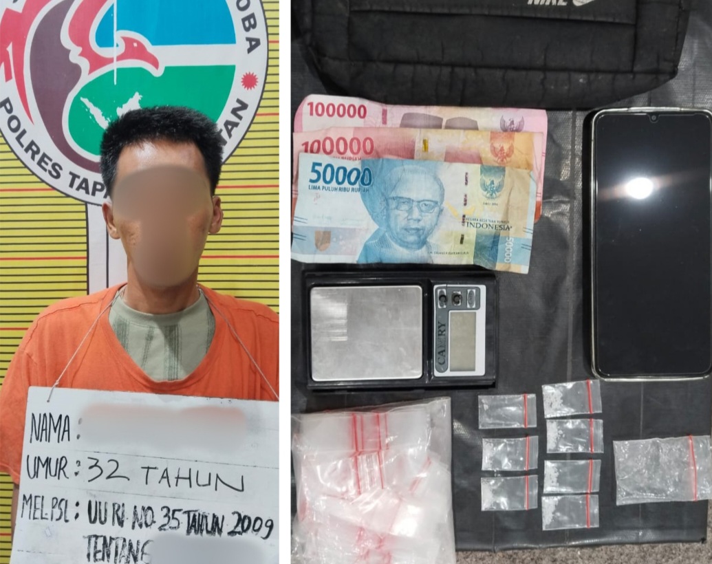 Pria berusia 32 tahun berinisial, SJ, yang belakangan diduga kerap mengedarkan narkotika jenis sabu berikut barang bukti usai ditangkap Tim dari Satresnarkoba Polres Tapsel