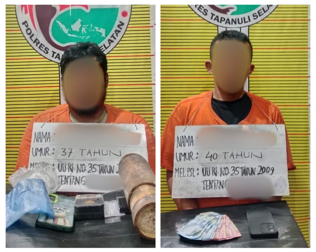 Dua pria 'pemain' sabu yang terkenal licin, SS dan MSH alias D, berikut barang bukti usai tertangkap Tim dari Satresnarkoba Polres Tapsel