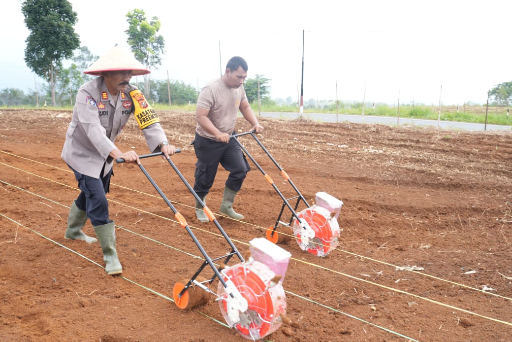 Kasat Binmas Polres Tapsel, AKP Eka Wahyudi, bersama anggota melaksanakan penanaman jagung lanjutan serentak 1 juta Hektare se-Indonesia