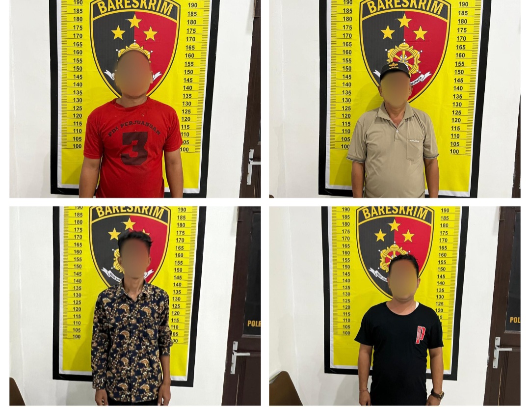 Oknum Kades di Batang Onang, Kabupaten Paluta, PH, bersama Bendahara Desa, IMH, Honorer Kecamatan, HMS, dan Pengawas sekaligus penjaga chip meja judi tembak ikan usai diamankan Tim Opsnal ke Unit Pidum Sat Reskrim Polres Tapsel