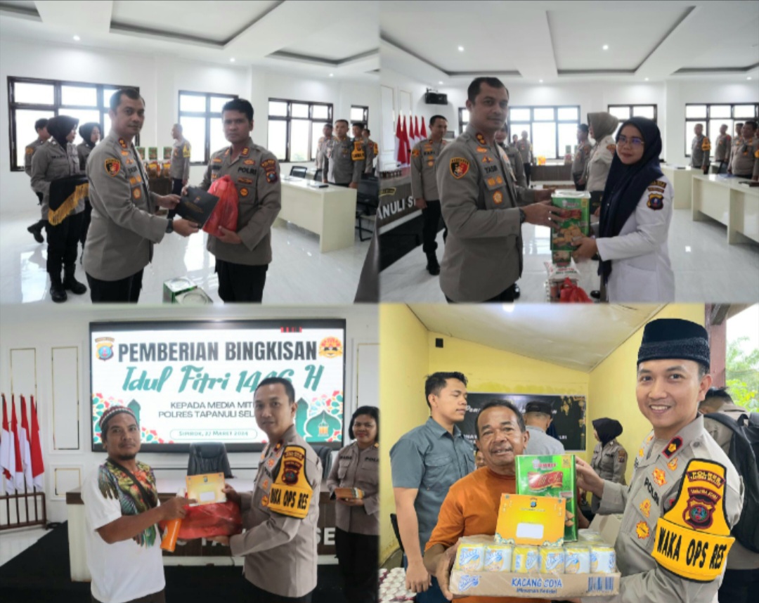 Kapolres Tapsel, AKBP Yasir Ahmadi, dan Waka Polres, Kompol Rapi Pinakri, menyerahkan paket bingkisan Lebaran ke perwakilan penerima antara lain, personel, ASN, PHL, Purnawirawan, Wakawuri, hingga awak media jelang Hari Raya Idul Fitri 1446 H