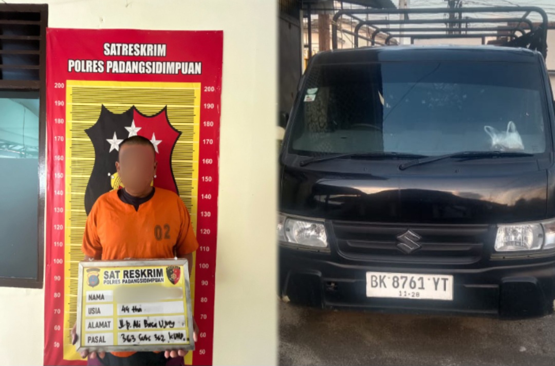Seorang pria yang nekad melakukan pencurian mobil Pick Up, PRB, berikut barang bukti usai diamankan Tim Opsnal Sat Reskrim Polres Padangsidimpuan