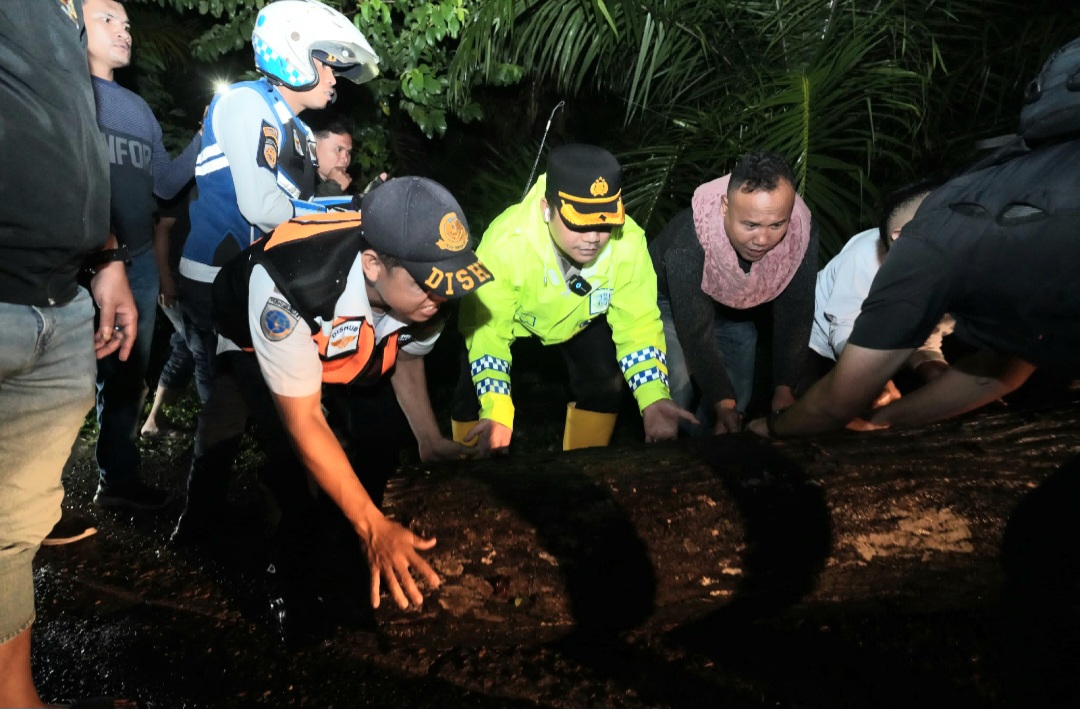 Kapolres Tapsel, AKBP Yasir Ahmadi, bersama stakeholder lainnya dan masyarakat turun langsung membantu menggeser Pohon tumbang sisa material longsor yang menutup badan Jalan Lintas Gunung Tua-Padangsidimpuan Km 16
