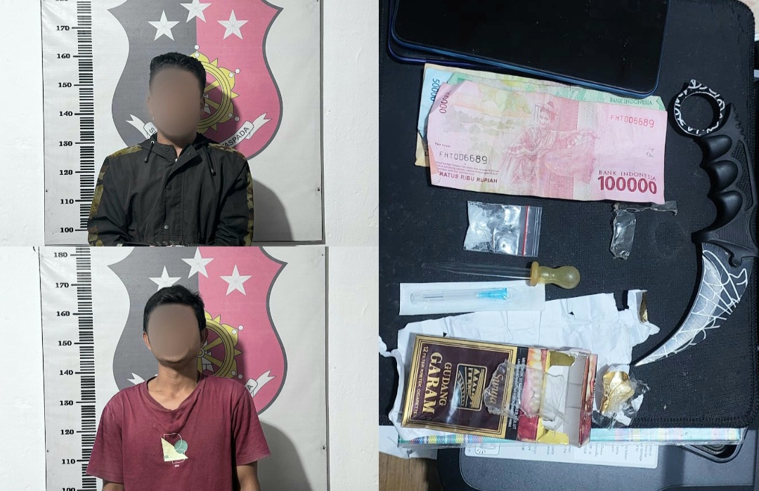 Kedua pemuda asal Kota Padangsidimpuan, AS dan MRR, berikut barang bukti narkotika jenis sabu, usai ditangkap Tim Opsnal Polsek Sipirok