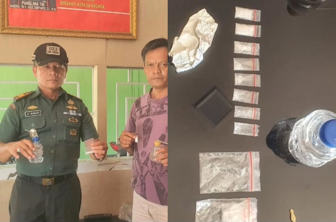 Danramil 01/Batang Toru, Kapten Inf H Sirait (kiri) dan anggota Unit Intel Kodim 0212/Tapsel, saat menunjukkan barang bukti sabu total seberat 4,30 Gram dan lainnya usai melakukan penggerebekan di lokalisasi yang diduga kerap terjadi peredaran maupun penyalahgunaan narkotika