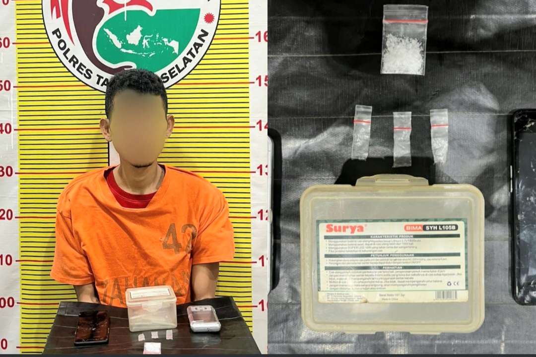 Pria pengangguran pengedar narkotika jenis sabu berinisial, RSH saat menunjukkan barang bukti usai ditangkap Tim Opsnal Satresnarkoba Polres Tapsel