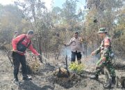 Personel Polsek Padang Bolak bersama Tim gabungan yang terdiri dari TNI, Manggala Agni, dan masyarakat sekitar saat berupaya memadamkan kobaran api yang membakar kawasan lahan di Desa Padang Bujur