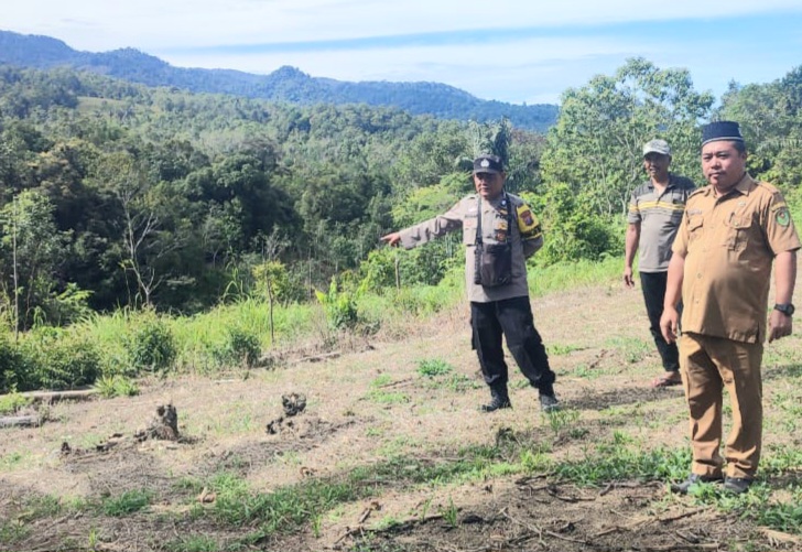 Personel Polsek Batang Toru, Aiptu Sayaman Siregar, saat meninjau lahan kosong milik Pemkab Tapanuli Selatan untuk ditanami jagung dalam rangka mendukung program Ketapang