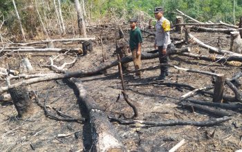 Personel Polsek Dolok bersama masyarakat saat melakukan pengecekan titik api yang terdeteksi melalui aplikasi Lancang Kuning di Desa Pamarai
