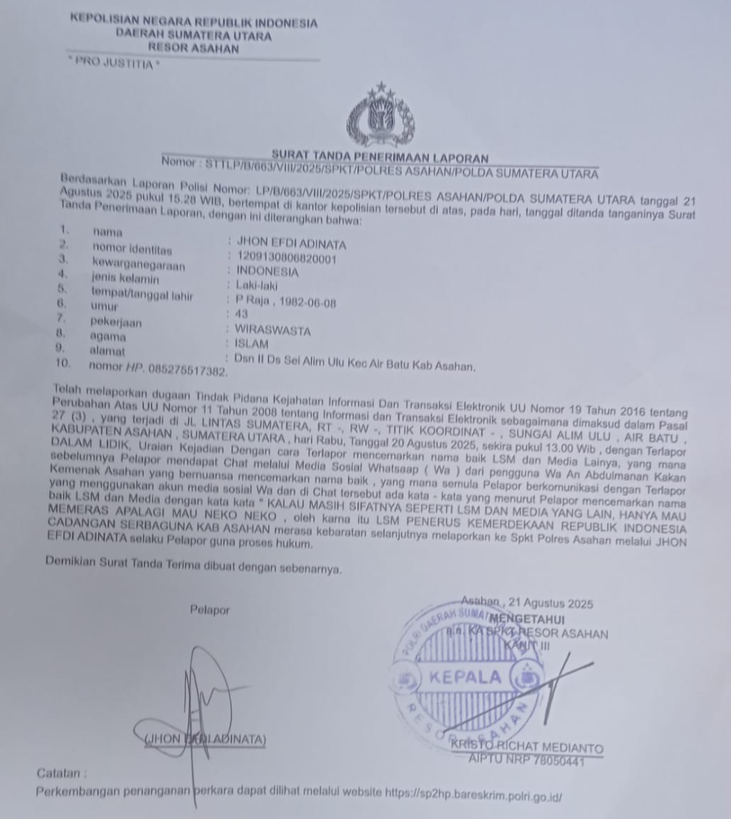 Berikut Surat Tanda Penerimaan Laporan (STPL) yang melaporkan Kakan Kemenag Asahan, Abdul Manan, terkait dugaan tudingan 'LSM dan Media Memeras'