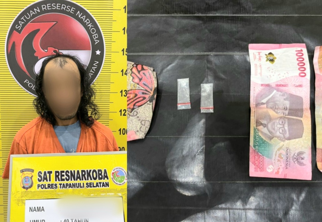 Seorang petani berambut gondrong berinisial, PD usai ditangkap Tim Opsnal Satresnarkoba Polres Tapsel berikut barang bukti narkotika jenis sabu yang gagal diedarkannya