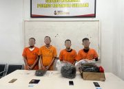 4 orang pria yang diduga kuat sebagai jaringan peredaran narkoba lintas provinsi, IP, FP, ASN, dan MSM alias M, berikut barang bukti 11 Kg ganja dan 1,34 gram sabu usai ditangkap Tim Opsnal Satresnarkoba Polres Tapsel