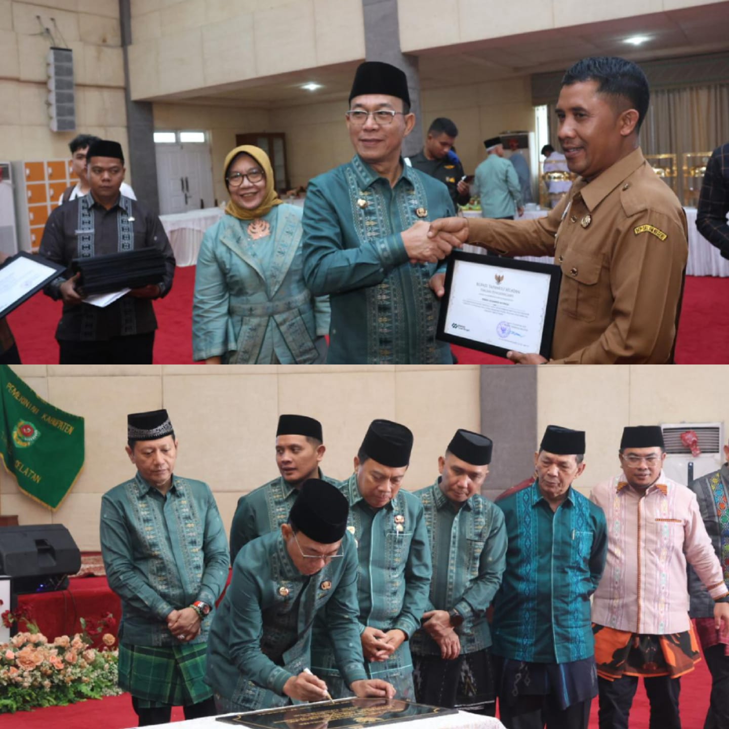 Bupati Tapsel H Gus Irawan Pasaribu didampingi Kadis Kesehatan dr Sri Khairunnisa memberikan piagam penghargaan kepada Kades Silakkitang Tambiski Irwan Desember atas sumbangan tanah pertapakan Poskesdes