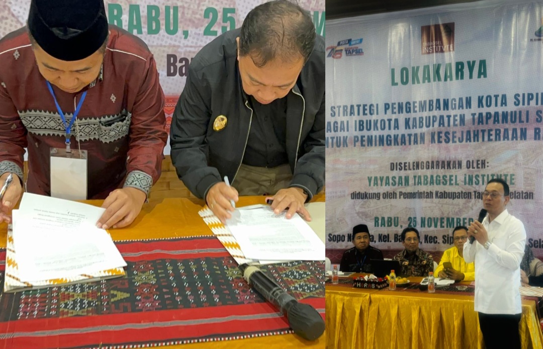Bupati Tapsel Gus Irawan Pasaribu, memberikan sambutan pada acara lokakarya mendorong percepatan pembangunan Kota Sipirok sebagai pusat pemerintahan dan pertumbuhan ekonomi daerah (kanan) dan Wakil Bupati Jafar Syahbuddin Ritonga beserta Ketua Umum Yayasan Tabagsel Institvte Ayub Suleman Pulungan menandatangani serah terima rekomendasi hasil dari kegiatan tersebut (kiri)