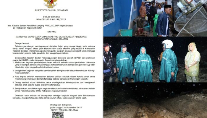 Tapsel Dilanda Bencana, Bupati Liburkan Belajar Tatap Muka PAUD hingga SMP