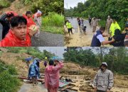 Kasat Resnarkoba Polres Tapsel, AKP IR Sitompul, bersama Kapolsek Sipirok, Iptu Aswin Manurung, dan personel, turun langsung ke lapangan melakukan evakuasi warga yang terjebak longsor dan menyalurkan bantuan logistik