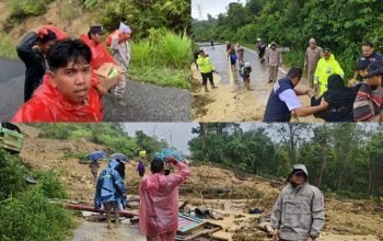 Kasat Resnarkoba Polres Tapsel, AKP IR Sitompul, bersama Kapolsek Sipirok, Iptu Aswin Manurung, dan personel, turun langsung ke lapangan melakukan evakuasi warga yang terjebak longsor dan menyalurkan bantuan logistik