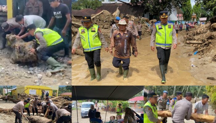 Polri dan Warga Kompak Bersihkan Material Sisa Banjir di Desa Tolang Julu Tapsel