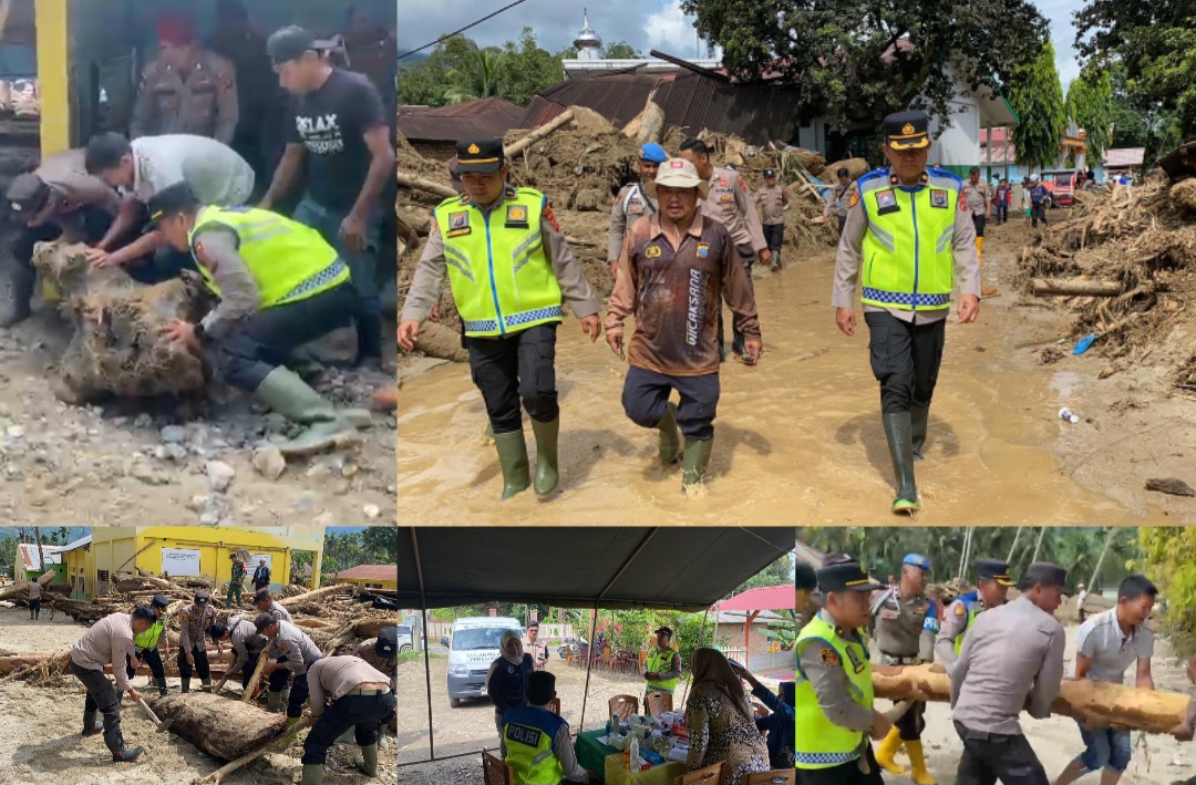 Kabag Ren Polres Tapsel, Kompol Rudi Siregar, Kapolsek Batang Angkola, AKP Trihardjanto, Kanit Reskrim, Ipda Ansor Harahap, serta personel kepolisian lainnya, dan warga, bahu-membahu melakukan pembersihan material sisa banjir