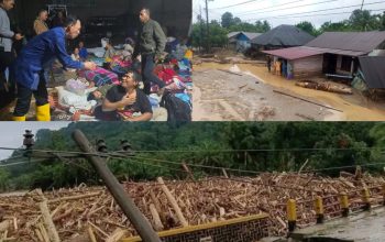Bupati Tapsel, Gus Irawan Pasaribu, saat menyambangi Posko pengungsian para korban dan dampak bencana banjir bandang serta longsor yang membawa material kayu gelondongan