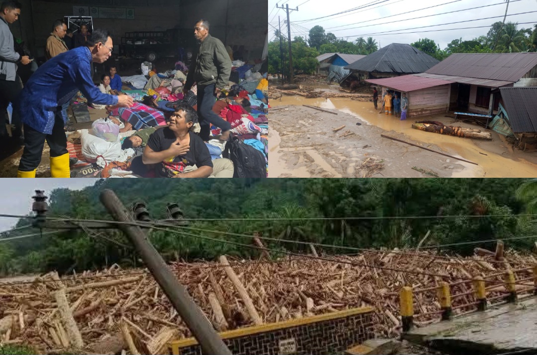 Bupati Tapsel, Gus Irawan Pasaribu, saat menyambangi Posko pengungsian para korban dan dampak bencana banjir bandang serta longsor yang membawa material kayu gelondongan