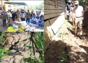 Bupati Tapsel, Gus Irawan Pasaribu, saat meninjau tanah retak dan longsor di Desa Tandihat, Kecamatan Angkola Selatan, sekaligus menyerahkan bantuan ke masyarakat terdampak di Posko pengungsian