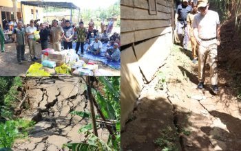 Bupati Tapsel, Gus Irawan Pasaribu, saat meninjau tanah retak dan longsor di Desa Tandihat, Kecamatan Angkola Selatan, sekaligus menyerahkan bantuan ke masyarakat terdampak di Posko pengungsian