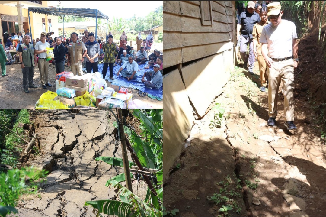 Bupati Tapsel, Gus Irawan Pasaribu, saat meninjau tanah retak dan longsor di Desa Tandihat, Kecamatan Angkola Selatan, sekaligus menyerahkan bantuan ke masyarakat terdampak di Posko pengungsian