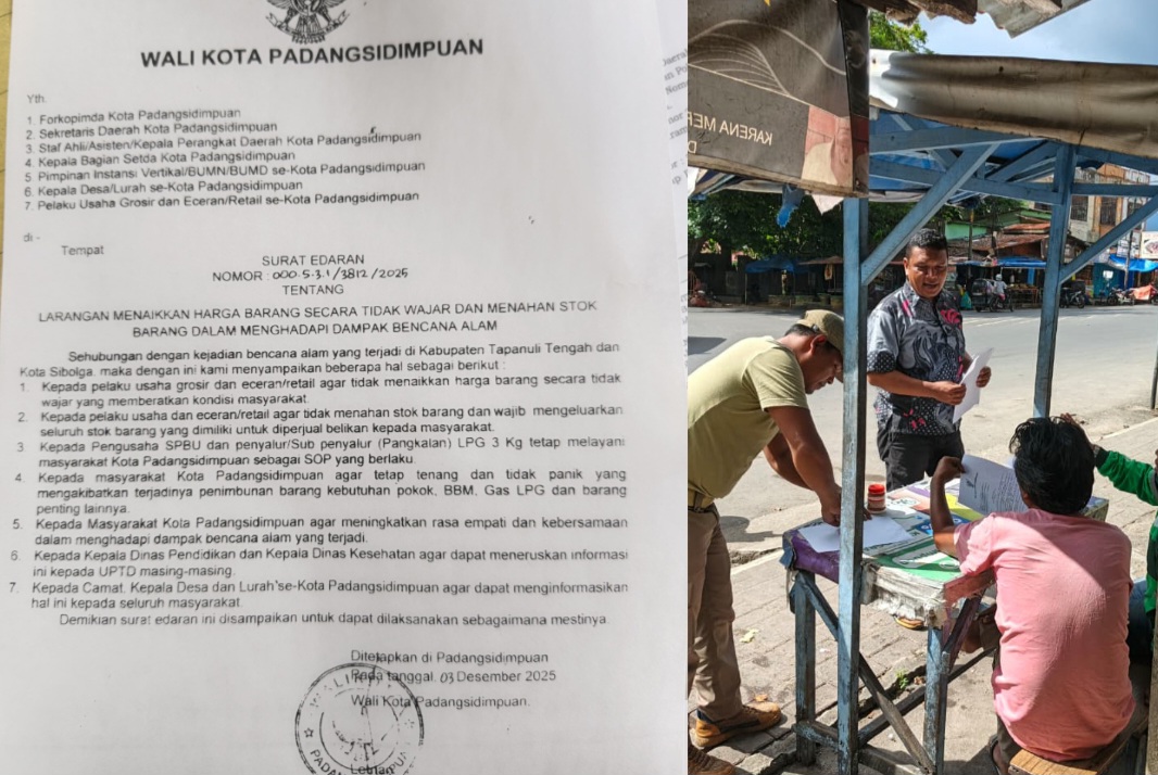 Personel PRC Satpol PP Kota Padangsidimpuan saat melakukan penyebaran surat himbauan dari Wali Kota tentang larangan menaikkan harga barang secara tidak wajar dan menahan stok barang dalam menghadapi dampak bencana alam di salah satu tempat keramaian masyarakat