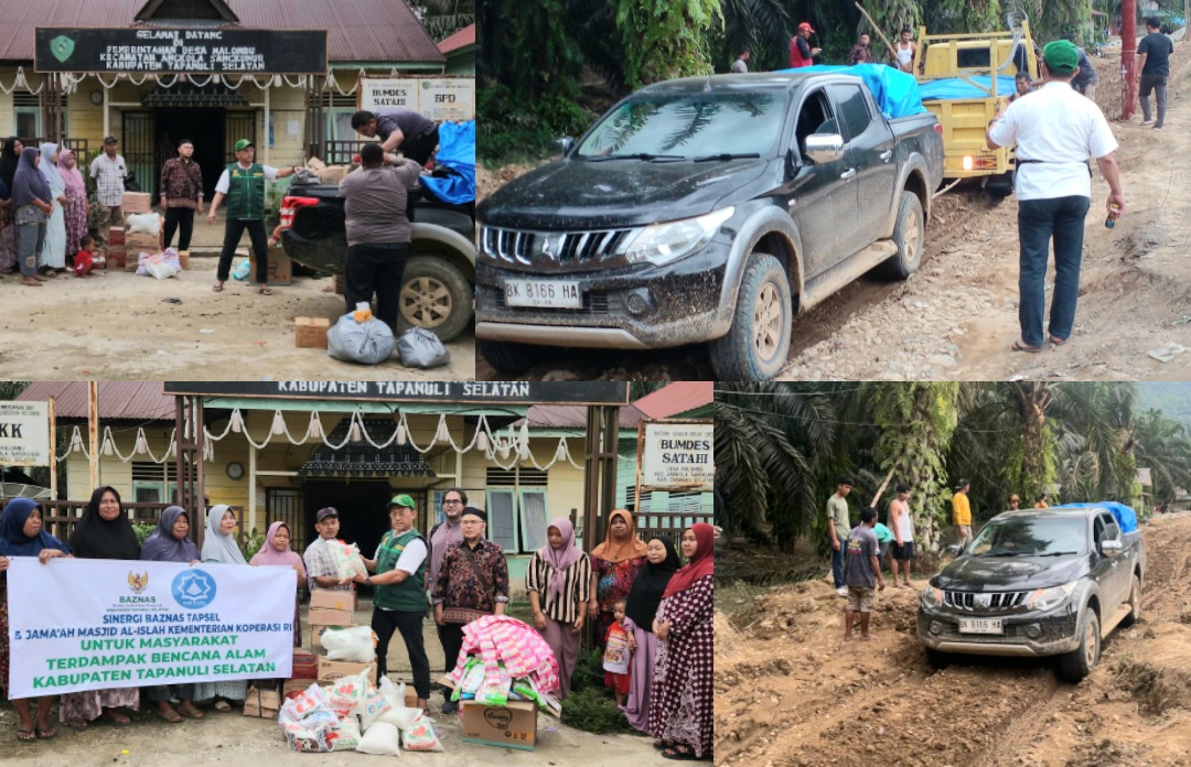 Upaya Ketua Baznas Tapsel, Jon Sujani Pasaribu, dan Tim Gabungan menembus kawasan terisolir akibat putusnya akses diterjang bencana guna menyalurkan bantuan yang berkolaborasi dengan DKM Al Islah Kemenkop RI bagi para warga terdampak di Kecamatan Angkola Sangkunur