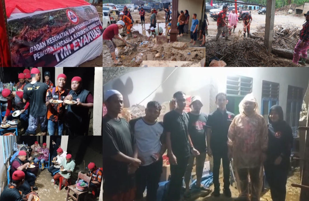 Ketua MPC Pemuda Pancasila Tapsel, Rocky AP Gultom, bersama para relawan dari Ormas itu saat berada di posko penanganan bencana yang mereka dirikan guna menunjang berbagai aktivitas mulai dari, evakuasi korban, pembersihan pemukiman penduduk serta fasilitas umum dari material sisa banjir dan longsor, menyediakan makanan siap saji di dapur umum, maupun menyalurkan donasi atau bantuan ke warga terdampak di daerah-daerah terisolir