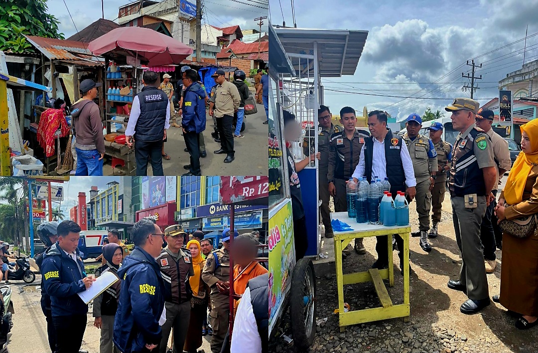 Kasat Reskrim Polres Padangsidimpuan, AKP H Naibaho, SH, MH, didampingi Ps Kanit II Ekonomi, Aipda Rajo Agus Putra Juli, beserta personel dari Disperindag, Dinas Perizinan Terpadu, serta Satpol PP, saat memimpin monitoring dan pengecekan terhadap para penjual BBM eceran di wilayah hukumnya